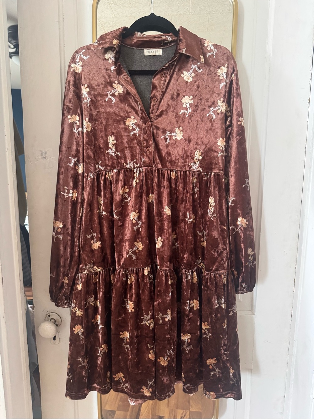 Roolee Brown Velvet Floral Midi Dress